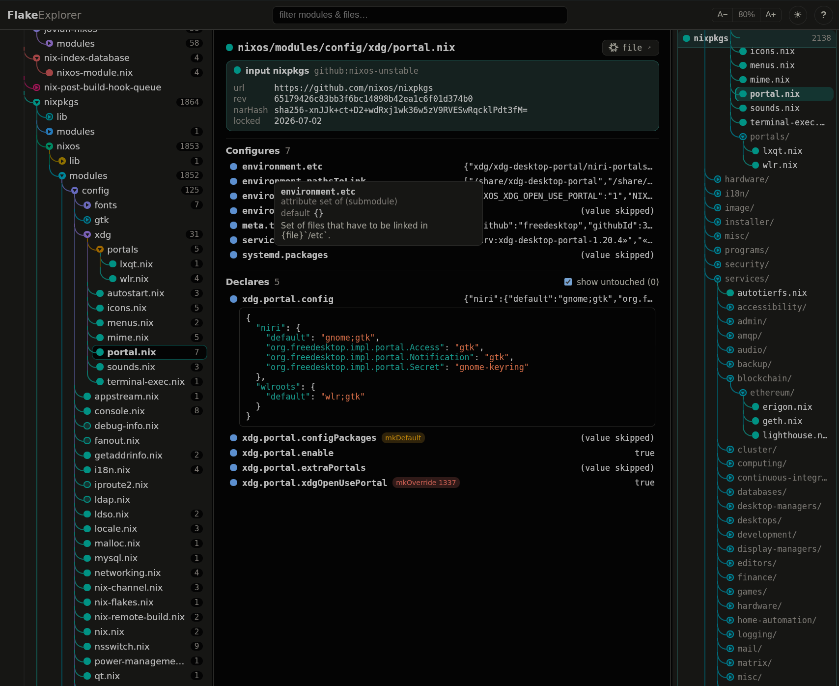 flake-explorer browsing a NixOS configuration: module tree, option detail, and file list